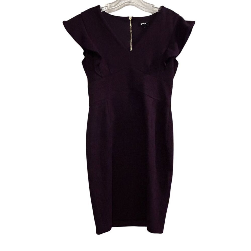 DKNY Women's Purple‎ V-Neck Ruffled Cap-Sleeve Sheath Dress Size 4